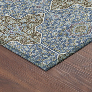 HomeRoots 8' Navy Blue and Chocolate Round Quatrefoil Area Rug - Stylish, Washable, Durable for Indoor & Outdoor Use 690899