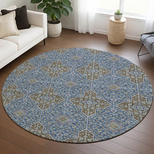 HomeRoots 8' Navy Blue and Chocolate Round Quatrefoil Area Rug - Stylish, Washable, Durable for Indoor & Outdoor Use 690899