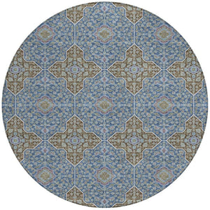 HomeRoots 8' Navy Blue and Chocolate Round Quatrefoil Area Rug - Stylish, Washable, Durable for Indoor & Outdoor Use 690899