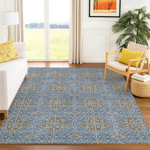 HomeRoots 10' Navy Blue & Chocolate Quatrefoil Area Rug - Washable, Durable for Indoor/Outdoor Style & Comfort 690902