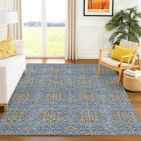 HomeRoots 10' Navy Blue & Chocolate Quatrefoil Area Rug - Washable, Durable for Indoor/Outdoor Style & Comfort 690902