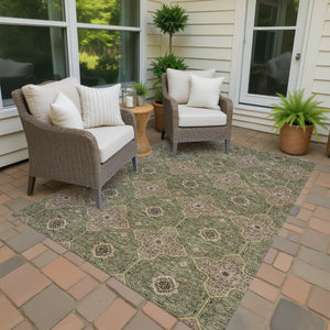 HomeRoots 5' Quatrefoil Area Rug in Olive Green, Brown & Gold – Washable, Durable for Indoor & Outdoor Use! 690904
