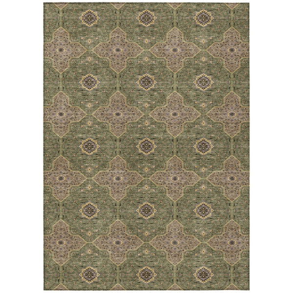 HomeRoots 5' Quatrefoil Area Rug in Olive Green, Brown & Gold – Washable, Durable for Indoor & Outdoor Use! 690904