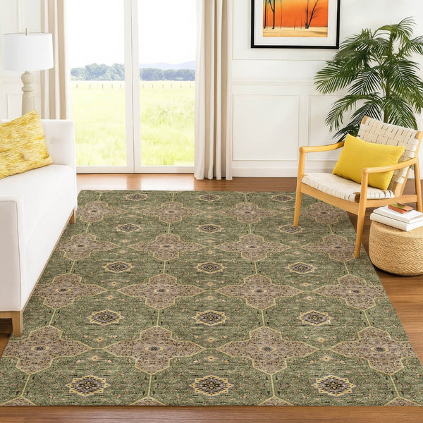 HomeRoots 5' Quatrefoil Area Rug in Olive Green, Brown & Gold – Washable, Durable for Indoor & Outdoor Use! 690904