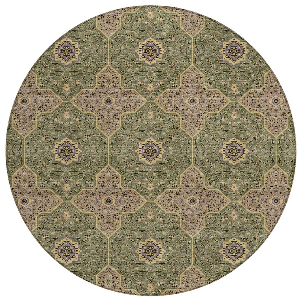 HomeRoots 8' Stylish Olive Green, Brown & Gold Round Quatrefoil Indoor/Outdoor Rug - Washable & Durable Design 690906