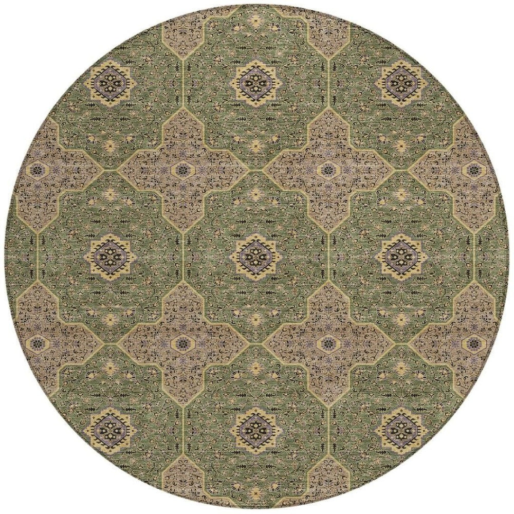 HomeRoots 8' Stylish Olive Green, Brown & Gold Round Quatrefoil Indoor/Outdoor Rug - Washable & Durable Design 690906