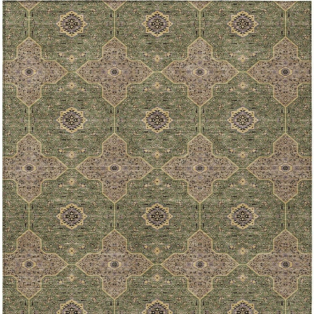 HomeRoots 8' X 10' Washable Quatrefoil Area Rug in Olive Green, Brown & Gold - Durable for Indoor & Outdoor Use 690908