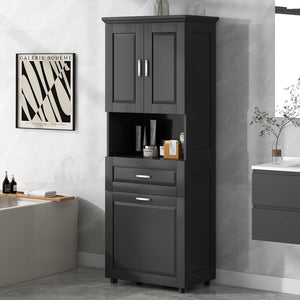 English Elm Tall Bathroom Cabinet with Tilt-Out Laundry Hamper, Adjustable Shelves, Anti-Tip Design & Large Storage Black WF323481AAB