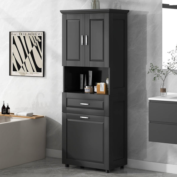 English Elm Tall Bathroom Cabinet with Tilt-Out Laundry Hamper, Adjustable Shelves, Anti-Tip Design & Large Storage Black WF323481AAB