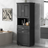 English Elm Tall Bathroom Cabinet With Laundry Basket, Large Storage Space Tilt-Out Laundry Hamper and Upper Storage Cabinet, Black