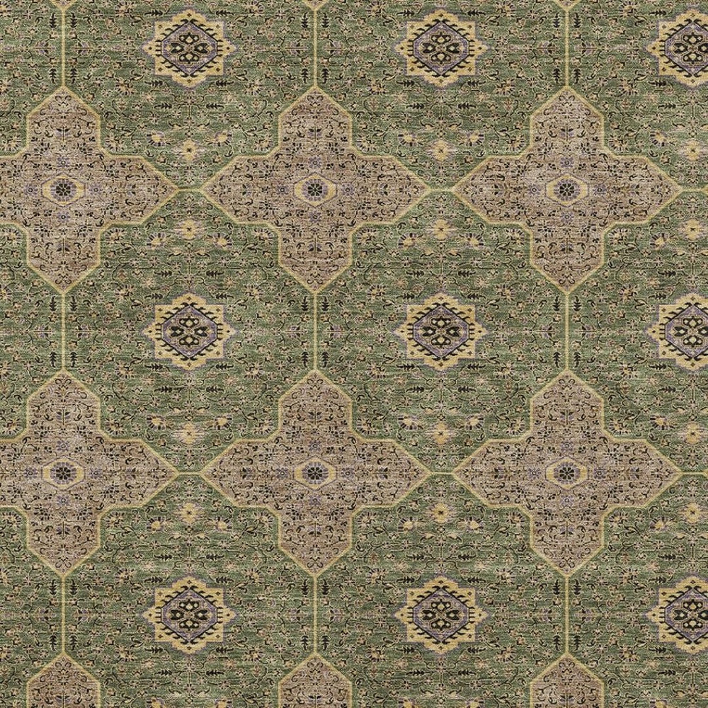 HomeRoots 9' X 12' Quatrefoil Area Rug in Olive Green, Brown & Gold - Stylish, Washable, Durable for Indoor/Outdoor Use 690910
