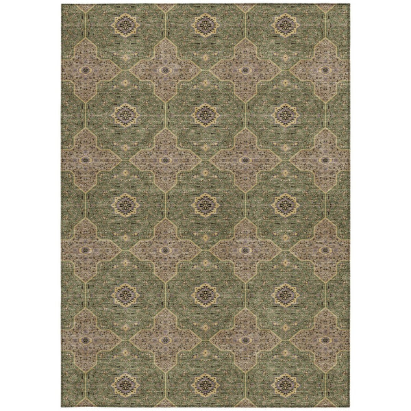 HomeRoots 9' X 12' Quatrefoil Area Rug in Olive Green, Brown & Gold - Stylish, Washable, Durable for Indoor/Outdoor Use 690910