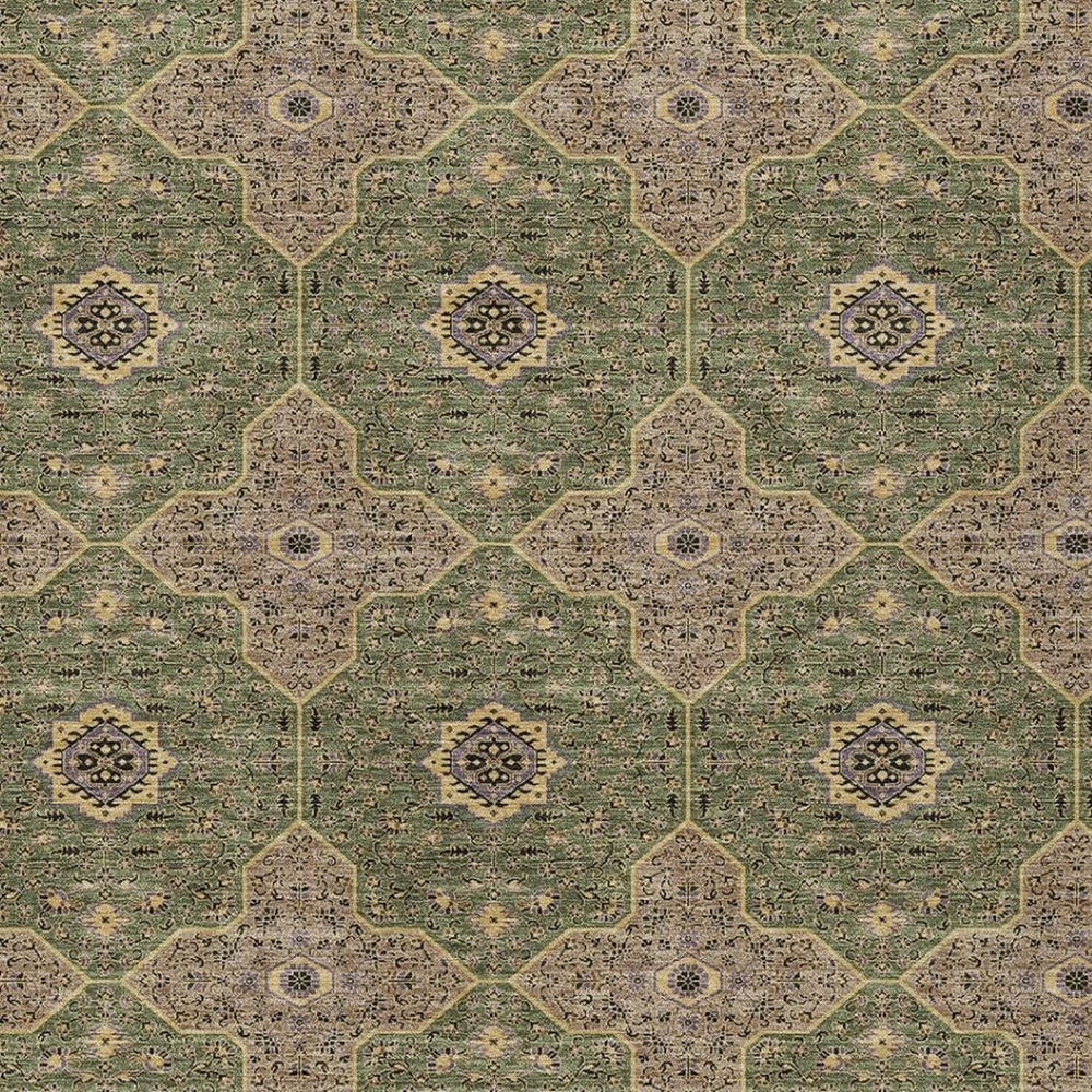 HomeRoots 10' Quatrefoil Olive Green Brown Gold Area Rug - Washable, Durable, Perfect for Indoor & Outdoor Use 690912