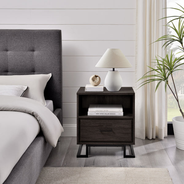 English Elm Walker Edison - Contemporary Charcoal Metal & Wood 1-Drawer Nightstand with Open Cubby, Durable MDF, Sleek Legs B185P168979