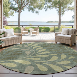 HomeRoots 8' Stylish Round Botanical Leaves Area Rug in Artichoke Green & Sage - Durable, Washable Design! 690916