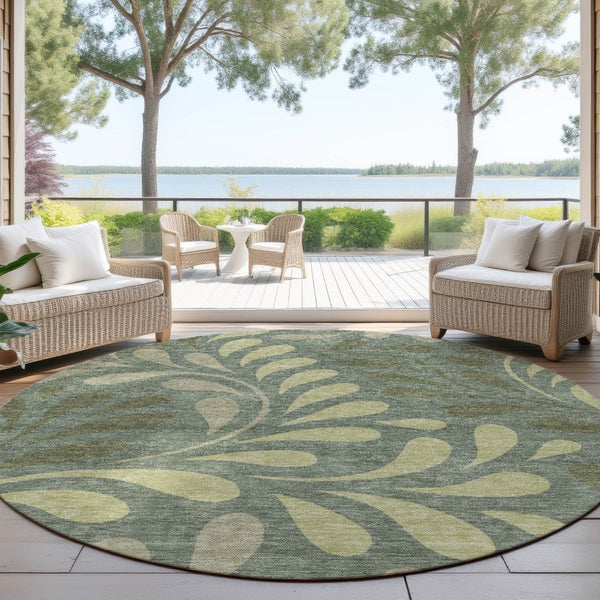 HomeRoots 8' Stylish Round Botanical Leaves Area Rug in Artichoke Green & Sage - Durable, Washable Design! 690916