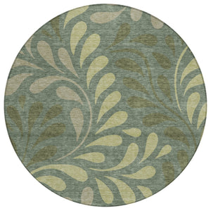 HomeRoots 8' Stylish Round Botanical Leaves Area Rug in Artichoke Green & Sage - Durable, Washable Design! 690916