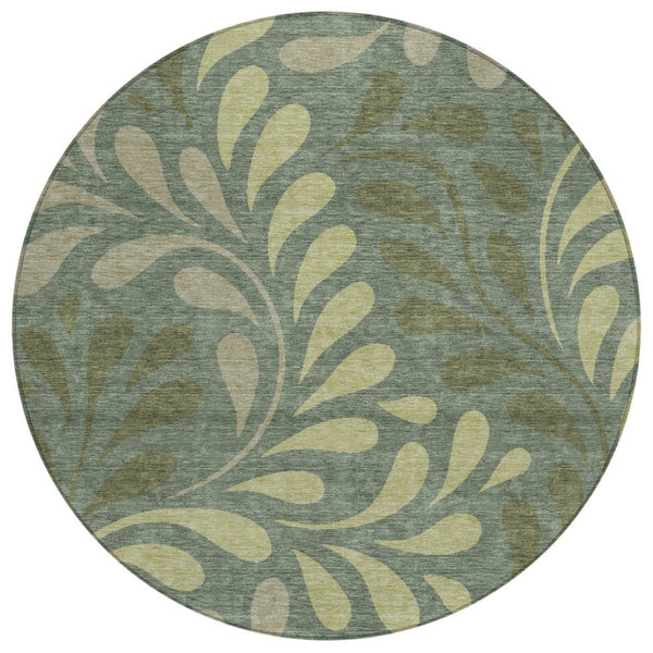 HomeRoots 8' Stylish Round Botanical Leaves Area Rug in Artichoke Green & Sage - Durable, Washable Design! 690916