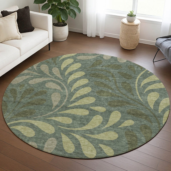 HomeRoots 8' Stylish Round Botanical Leaves Area Rug in Artichoke Green & Sage - Durable, Washable Design! 690916