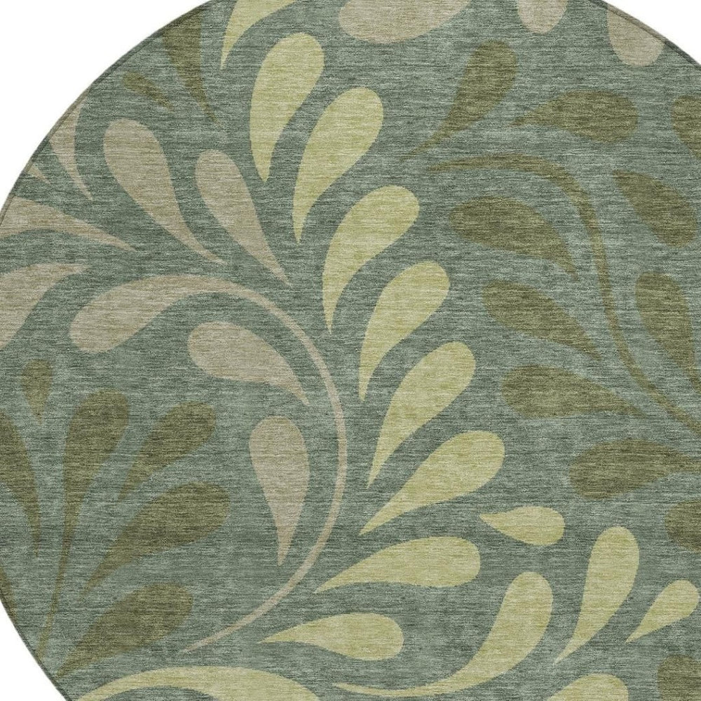 HomeRoots 8' Stylish Round Botanical Leaves Area Rug in Artichoke Green & Sage - Durable, Washable Design! 690916