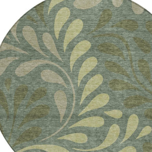 HomeRoots 8' Stylish Round Botanical Leaves Area Rug in Artichoke Green & Sage - Durable, Washable Design! 690916