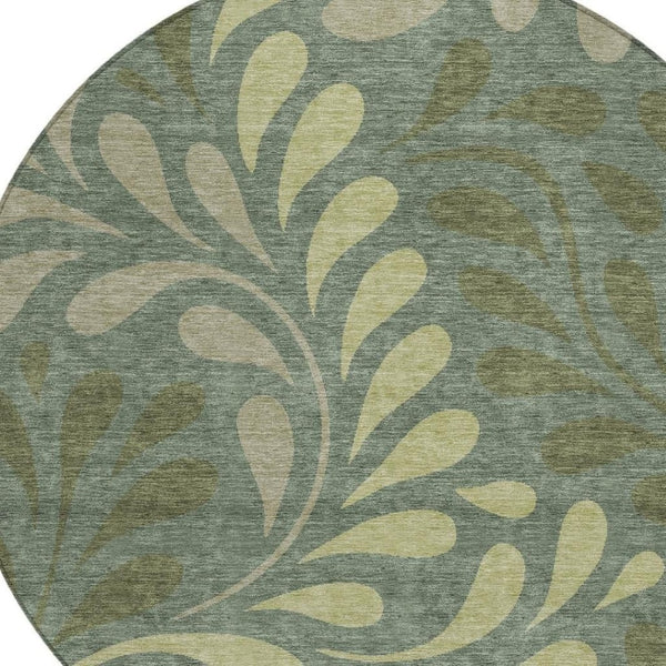 HomeRoots 8' Stylish Round Botanical Leaves Area Rug in Artichoke Green & Sage - Durable, Washable Design! 690916