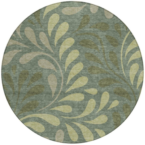 HomeRoots 8' Stylish Round Botanical Leaves Area Rug in Artichoke Green & Sage - Durable, Washable Design! 690916