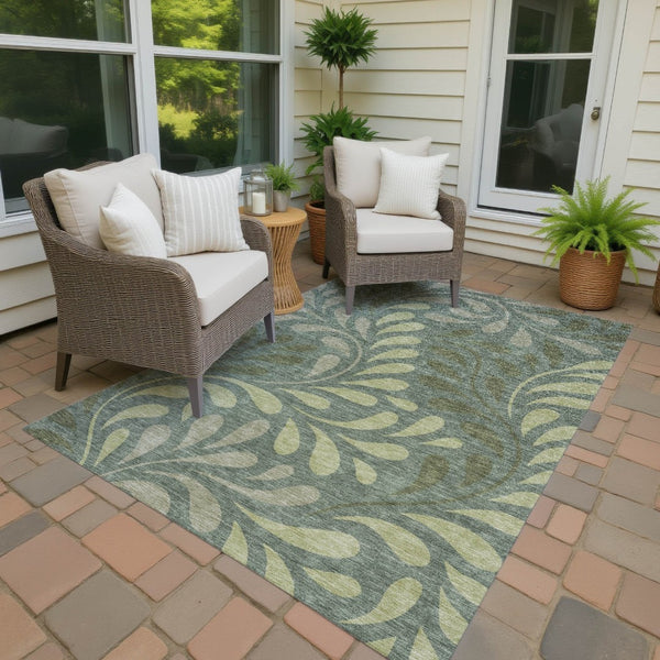 HomeRoots 9' X 12' Artichoke Green & Sage Botanical Leaves Rug - Washable, Durable, Indoor/Outdoor Versatility! 690918