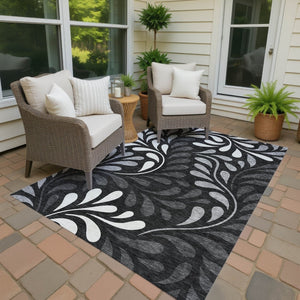 HomeRoots 5' X 8' Stylish Black Gray Ivory Botanical Leaves Washable Area Rug for Indoor & Outdoor Spaces 690921