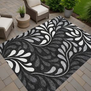 HomeRoots 5' X 8' Stylish Black Gray Ivory Botanical Leaves Washable Area Rug for Indoor & Outdoor Spaces 690921