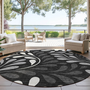HomeRoots 8' Round Washable Area Rug with Black, Gray & Ivory Botanical Leaves – Perfect for Indoor & Outdoor Use 690922