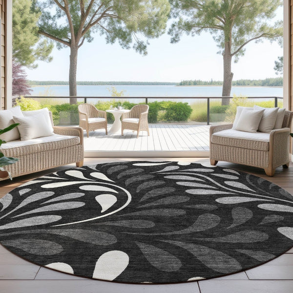 HomeRoots 8' Round Washable Area Rug with Black, Gray & Ivory Botanical Leaves – Perfect for Indoor & Outdoor Use 690922