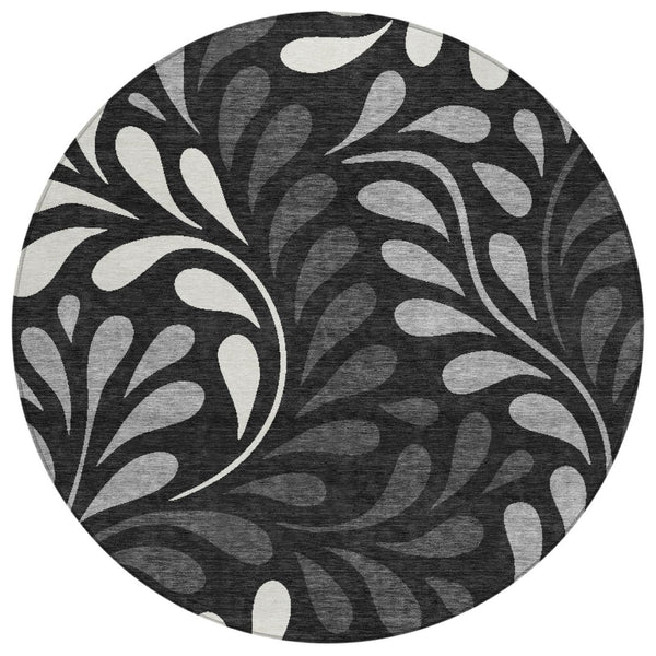 HomeRoots 8' Round Washable Area Rug with Black, Gray & Ivory Botanical Leaves – Perfect for Indoor & Outdoor Use 690922