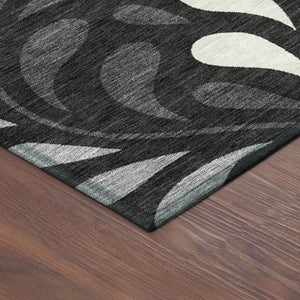 HomeRoots 8' Round Washable Area Rug with Black, Gray & Ivory Botanical Leaves – Perfect for Indoor & Outdoor Use 690922