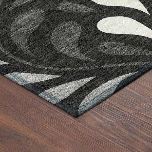 HomeRoots 8' Round Washable Area Rug with Black, Gray & Ivory Botanical Leaves – Perfect for Indoor & Outdoor Use 690922