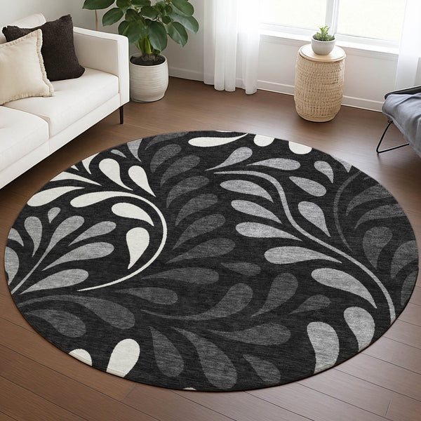 HomeRoots 8' Round Washable Area Rug with Black, Gray & Ivory Botanical Leaves – Perfect for Indoor & Outdoor Use 690922