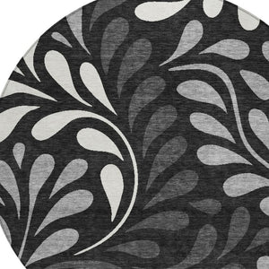 HomeRoots 8' Round Washable Area Rug with Black, Gray & Ivory Botanical Leaves – Perfect for Indoor & Outdoor Use 690922