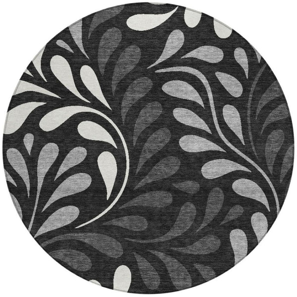 HomeRoots 8' Round Washable Area Rug with Black, Gray & Ivory Botanical Leaves – Perfect for Indoor & Outdoor Use 690922