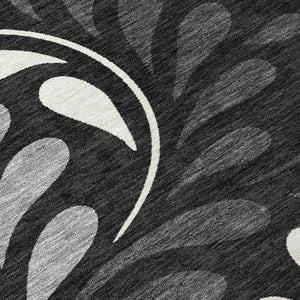 HomeRoots 8' X 10' Washable Black Gray Ivory Botanical Leaves Area Rug for Indoor/Outdoor Elegance & Durability 690923