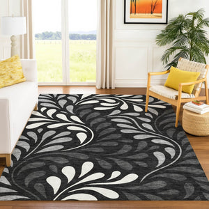HomeRoots 8' X 10' Washable Black Gray Ivory Botanical Leaves Area Rug for Indoor/Outdoor Elegance & Durability 690923
