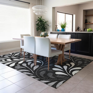 HomeRoots 8' X 10' Washable Black Gray Ivory Botanical Leaves Area Rug for Indoor/Outdoor Elegance & Durability 690923