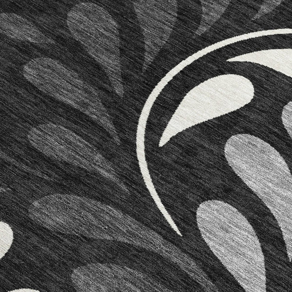 HomeRoots 9' Elegant Black Gray Ivory Botanical Leaves Area Rug - Washable, Durable for Indoor & Outdoor Use 690924