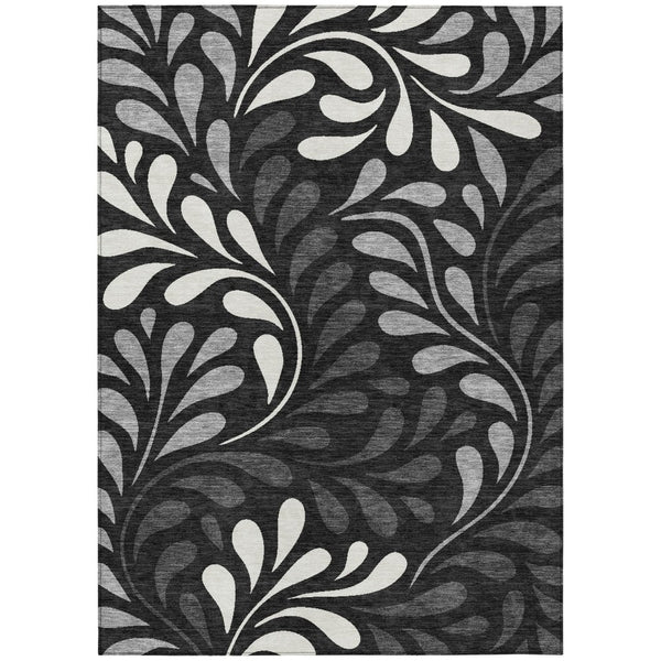HomeRoots 9' Elegant Black Gray Ivory Botanical Leaves Area Rug - Washable, Durable for Indoor & Outdoor Use 690924