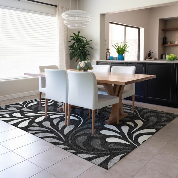 HomeRoots 10' Stylish Black Gray Ivory Botanical Leaves Washable Area Rug for Indoor & Outdoor Spaces 690925