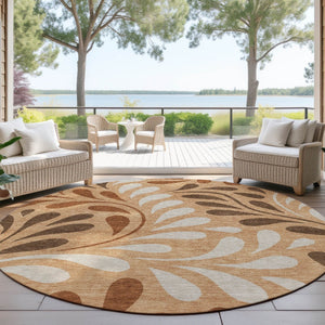 HomeRoots 8' Stylish Copper Beige & Chocolate Round Botanical Leaves Rug - Washable, Durable for Indoor/Outdoor Use 690928