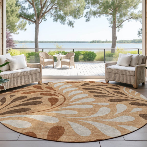 HomeRoots 8' Stylish Copper Beige & Chocolate Round Botanical Leaves Rug - Washable, Durable for Indoor/Outdoor Use 690928