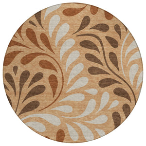HomeRoots 8' Stylish Copper Beige & Chocolate Round Botanical Leaves Rug - Washable, Durable for Indoor/Outdoor Use 690928