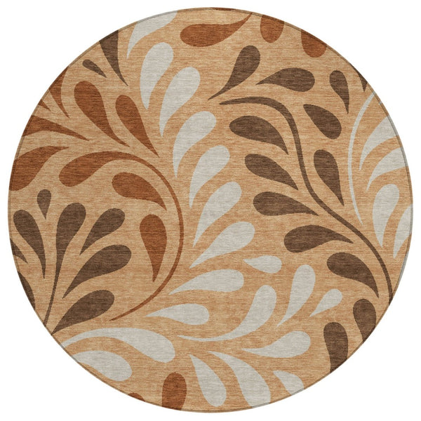 HomeRoots 8' Stylish Copper Beige & Chocolate Round Botanical Leaves Rug - Washable, Durable for Indoor/Outdoor Use 690928