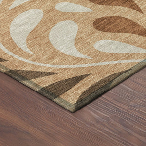 HomeRoots 8' Stylish Copper Beige & Chocolate Round Botanical Leaves Rug - Washable, Durable for Indoor/Outdoor Use 690928