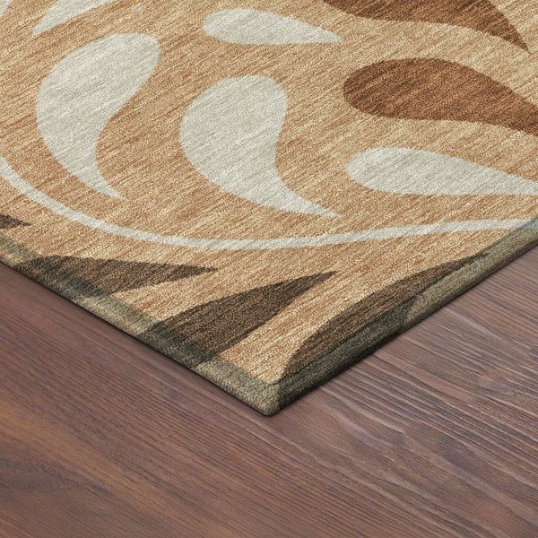 HomeRoots 8' Stylish Copper Beige & Chocolate Round Botanical Leaves Rug - Washable, Durable for Indoor/Outdoor Use 690928